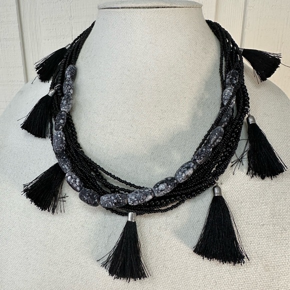 Multi strand seed bead and black tassels necklace - Picture 3 of 5